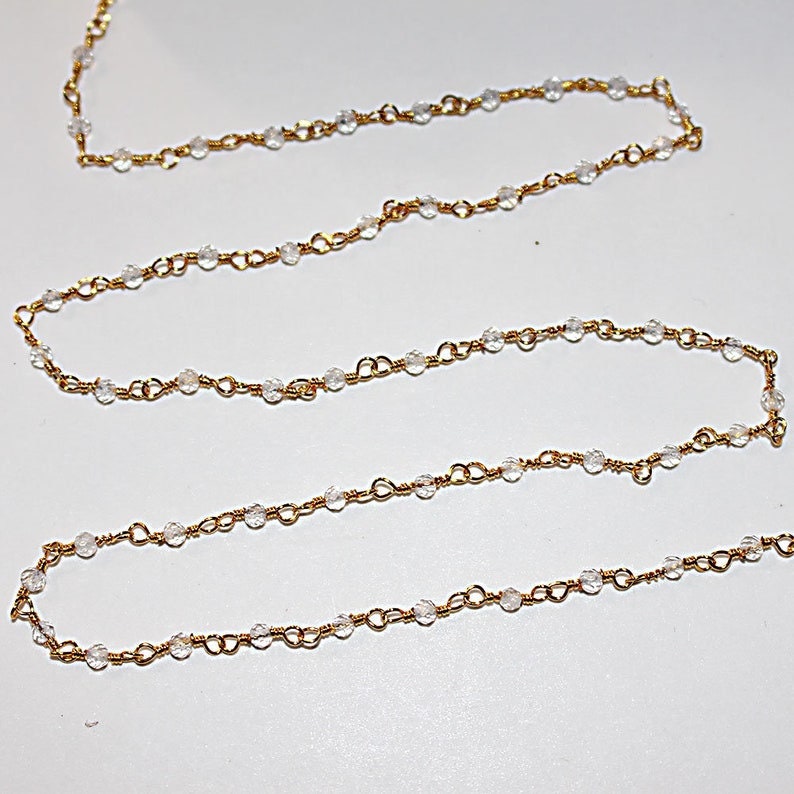 clear quartz natural semi-precious gemstone beads 24k gold plated over silver rosary chain for a necklace, earrings, anklet, and bracelet making.