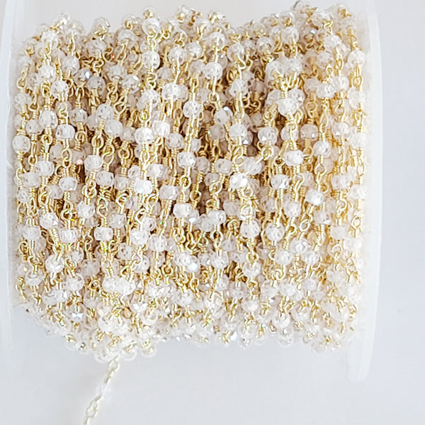 zircon white natural semi-precious gemstone beads 24k gold plated over silver rosary chain for a necklace, earrings, anklet, and bracelet making.