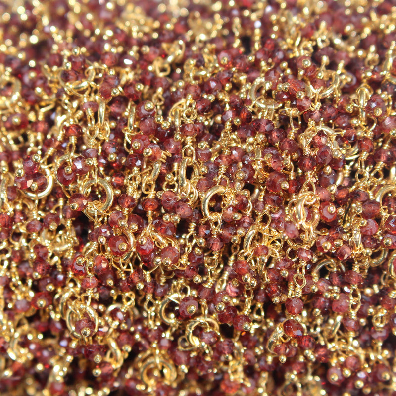 rhodolite garnet semi-precious gemstone beads 24k gold plated over silver rosary chain for a necklace, earrings, anklet, and bracelet making.