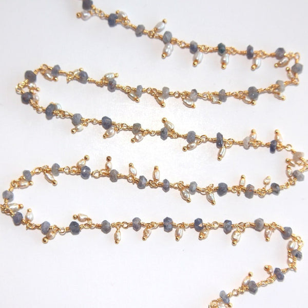 iolite natural semi-precious gemstone beads 24k gold plated over silver rosary chain for a necklace, earrings, anklet, and bracelet making.