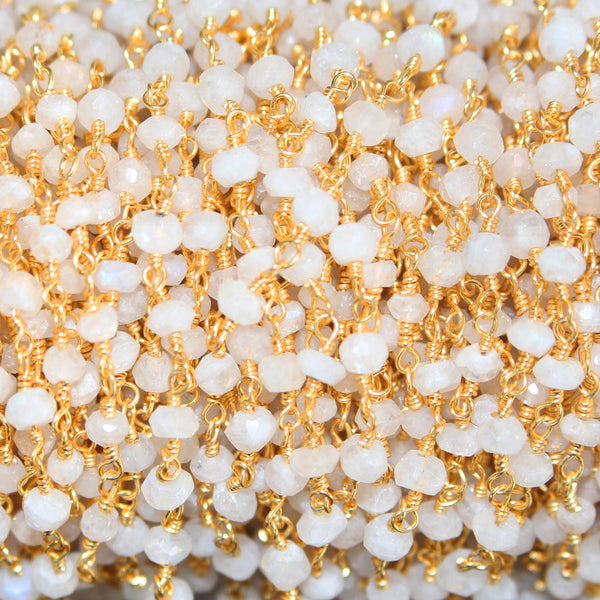rainbow moonstone natural semi-precious gemstone beads 24k gold plated over silver rosary chain for a necklace, earrings, anklet, and bracelet making.