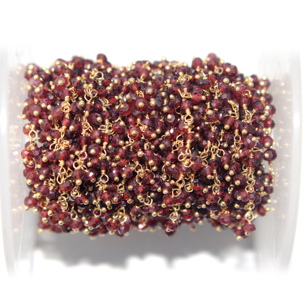 rhodolite garnet natural semi-precious gemstone beads 24k gold plated over silver rosary chain for a necklace, earrings, anklet, and bracelet making.