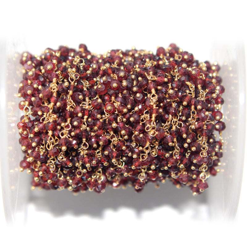 rhodolite garnet natural semi-precious gemstone beads 24k gold plated over silver rosary chain for a necklace, earrings, anklet, and bracelet making.