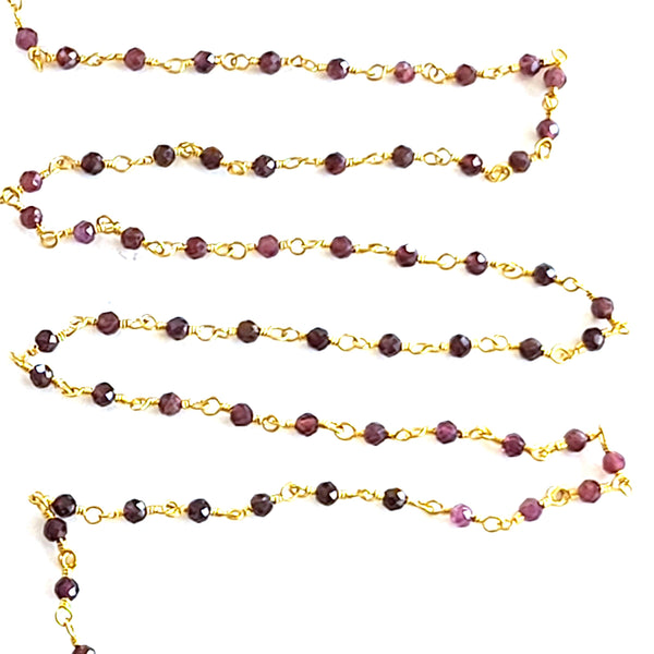 rhodolite garnet shaded natural semi-precious gemstone beads 24k gold plated over silver rosary chain for a necklace, earrings, anklet, and bracelet making.