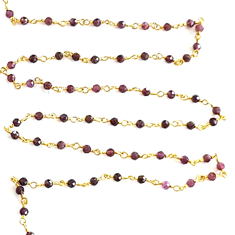 rhodolite garnet shaded natural semi-precious gemstone beads 24k gold plated over silver rosary chain for a necklace, earrings, anklet, and bracelet making.
