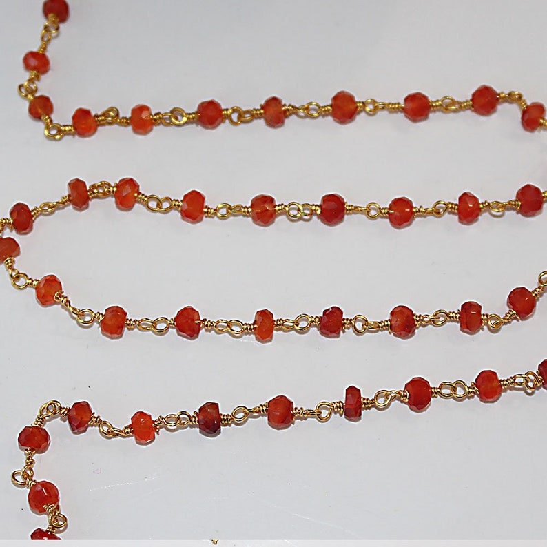 carnelian semi-precious gemstone beads 24k gold plated over silver rosary chain for a necklace, earrings, anklet, and bracelet making.