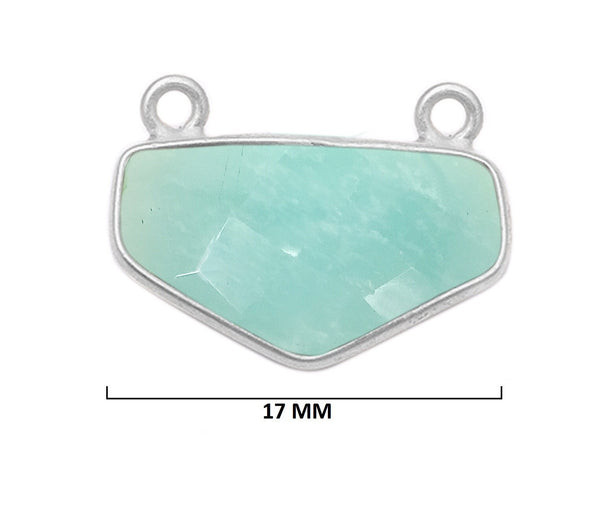 Amazonite natural gemstone bezel charms, 17mm half-hexagon or chevron-shaped bezel pendants, double bail bezel connectors, 925 sterling silver handmade bezel gemstone. Women jewelry making necklaces, earrings, bracelets bezel charms.