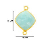 Amazonite natural gemstone bezel charms, 15mm cushion or diamond-shaped bezel pendants, double bail bezel connectors, 24k gold plated over 925 sterling silver handmade bezel gemstone. Women jewelry making necklaces, earrings, bracelets bezel charms.