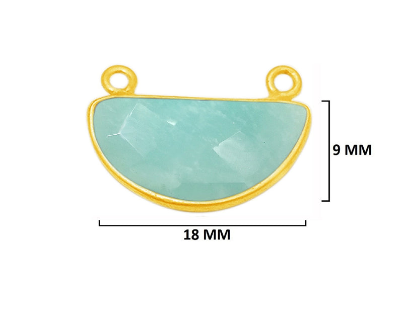 Amazonite natural gemstone bezel charms, 9X18mm half-moon or crescent-shaped bezel pendants, double bail bezel connectors, 24k gold plated over 925 sterling silver handmade bezel. Women jewelry making necklaces, earrings, bracelets bezel charms.