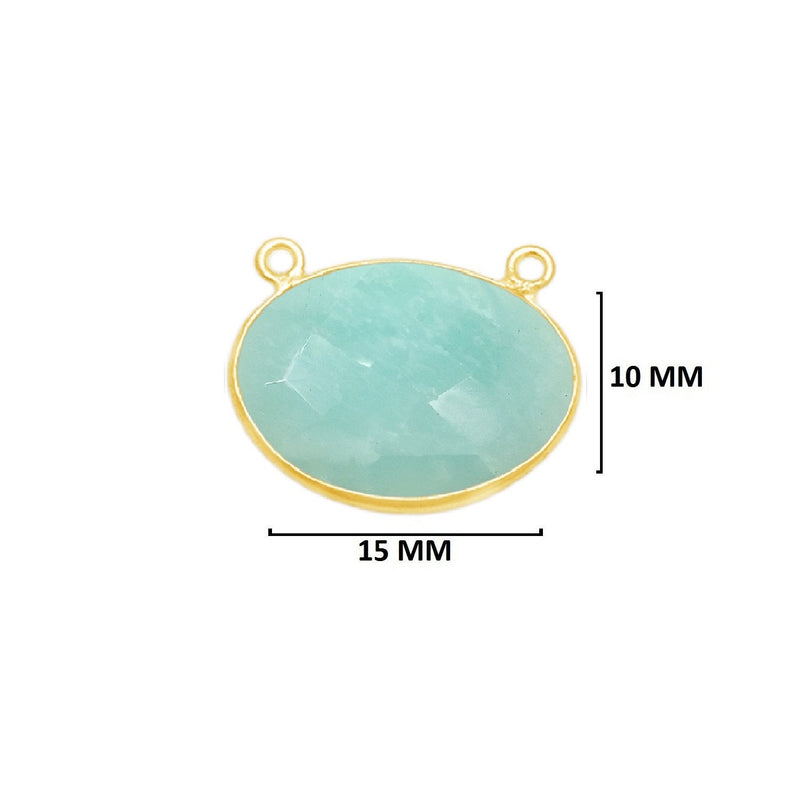 Amazonite natural gemstone bezel charms, 10X15mm coin-round-shaped bezel connectors, women jewelry-making earrings, bracelets, necklace pendants, and DIY craft supplies. 24k gold plated over 925 sterling silver bezel charms connectors.