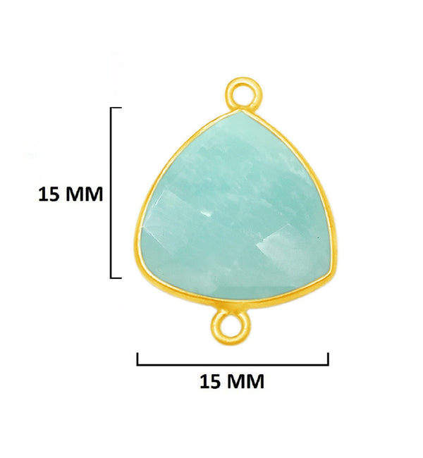 Amazonite gemstone bezel charms, 15mm triangle-shaped bezel connectors, women jewelry-making earrings, bracelets, necklace pendants, and DIY craft supplies. 24k gold plated over 925 sterling silver bezel charms connectors.