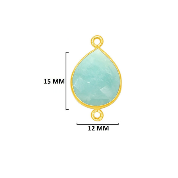 Amazonite natural gemstone bezel charms, 12X15mm pear-shaped bezel connectors, women jewelry-making earrings, bracelets, necklace pendants, and DIY craft supplies. 24k gold plated over 925 sterling silver bezel charms connectors.
