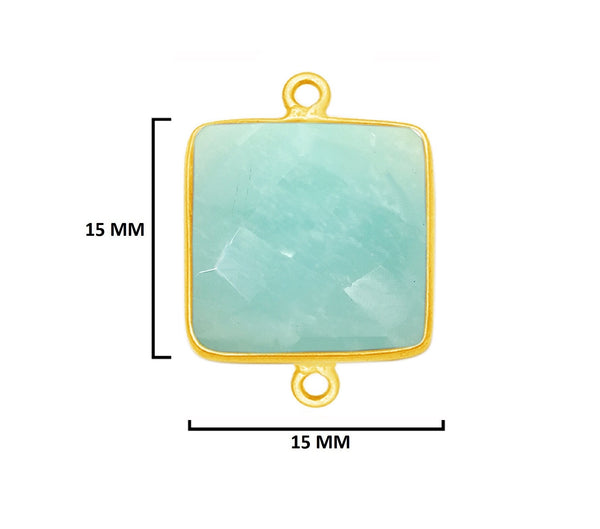 Amazonite natural gemstone bezel charms, 15mm square-shaped bezel connectors, women jewelry-making earrings, bracelets, necklace pendants, and DIY craft supplies. 24k gold plated over 925 sterling silver bezel charms connectors.