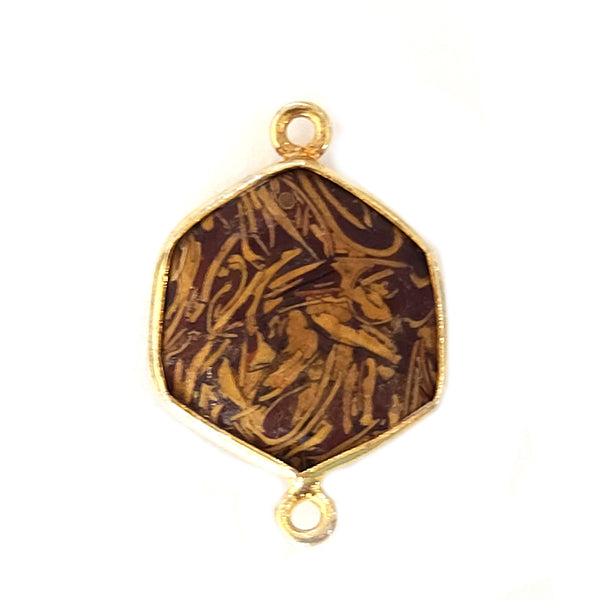 Wood Jasper Hexagon Pendant - Boho Chic Gemstone Necklace with 24kt Gold Elegance