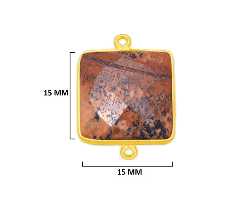 Picture Jasper Stone Necklace for Jewelry Making 15mm Square Bezel Charms Pendants Connectors 24K Gold Plated Over 925 Sterling Silver