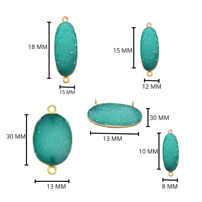 Green druzy natural bezel charms connectors, 12X15mm oval-shaped 24k gold electroplated women jewelry-making earrings, bracelets, necklaces, and DIY crafts.