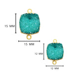 Green druzy natural bezel charms connectors, 15mm square-shaped 24k gold electroplated women jewelry-making earrings, bracelets, necklaces, and DIY crafts.