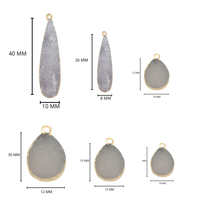 Gray druzy natural bezel charms connectors pendants, 10X12mm pear-teardrop-shaped 24k gold electroplated women jewelry-making earrings, bracelets, necklaces, and DIY crafts.