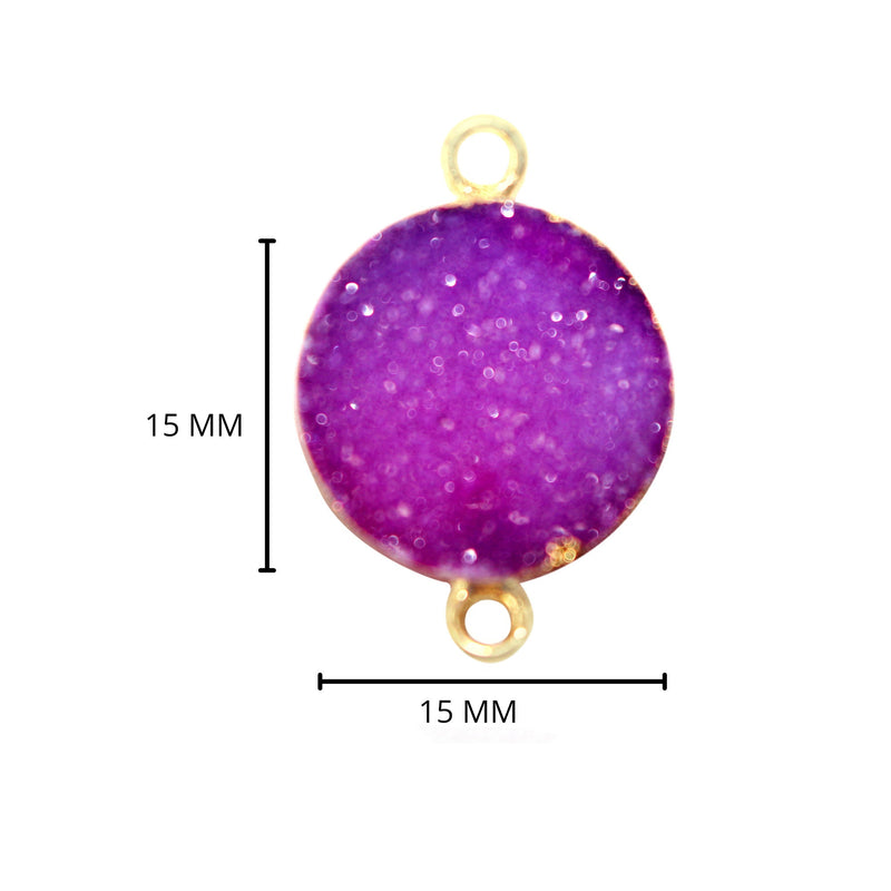 Purple druzy natural bezel charms connectors, 15mm coin-round-shaped 24k gold electroplated women jewelry-making earrings, bracelets, necklaces, and DIY crafts.