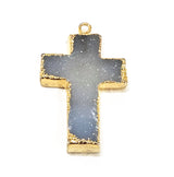 White druzy natural bezel charms connectors, 8X20mm cross-shaped 24k gold electroplated women jewelry-making earrings, bracelets, necklaces, and DIY crafts.