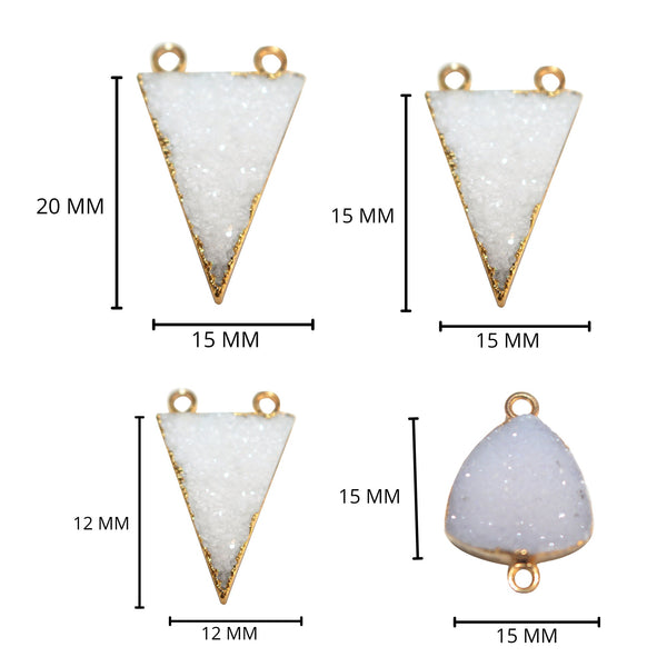 White druzy natural bezel charms connectors, 10mm triangle-shaped 24k gold electroplated women jewelry-making earrings, bracelets, necklaces, and DIY crafts.