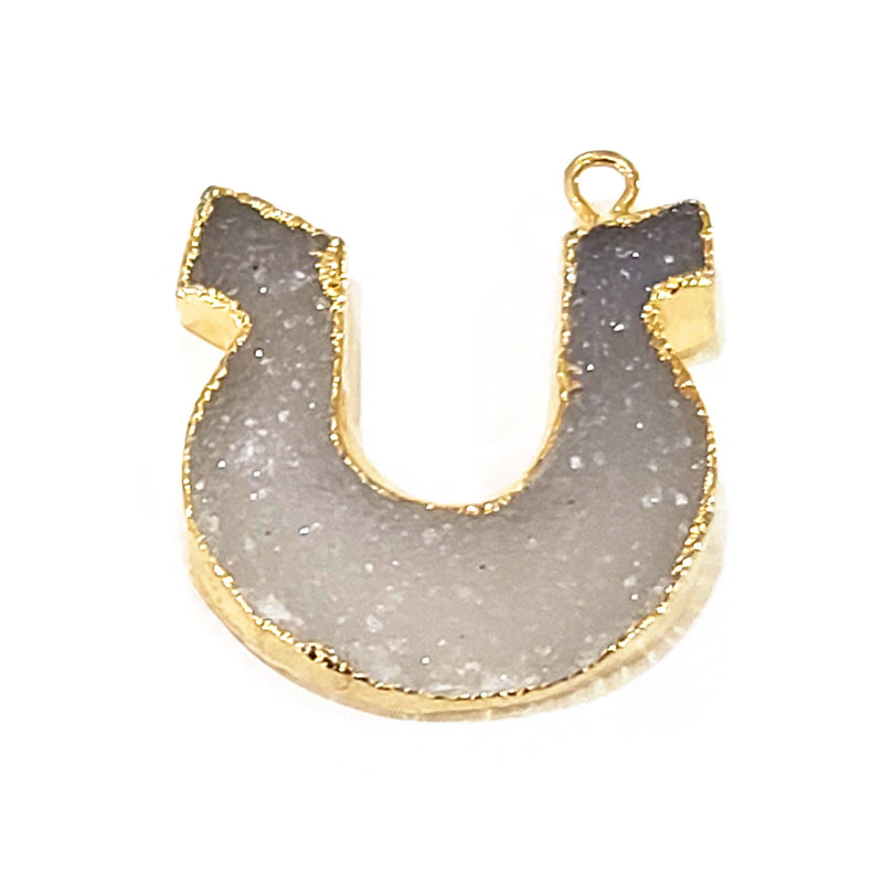 White druzy natural bezel charms connectors, 20mm u-shaped 24k gold electroplated women jewelry-making earrings, bracelets, necklaces, and DIY crafts.