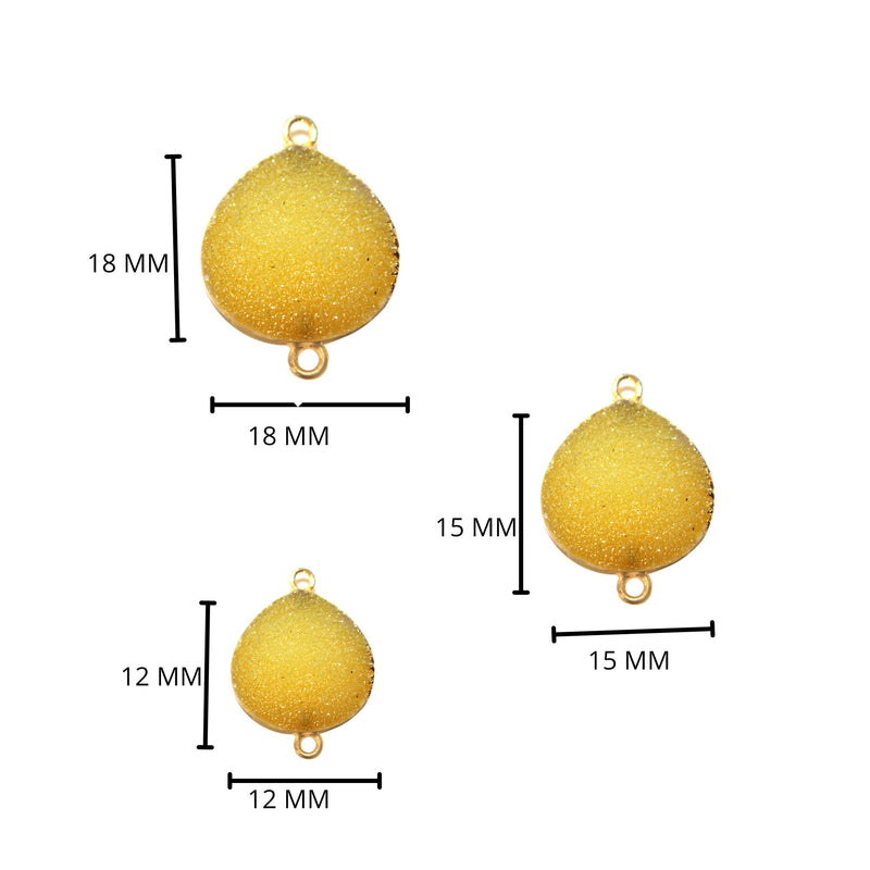 Yellow druzy natural bezel charms connectors, 12mm heart-shaped 24k gold electroplated women jewelry-making earrings, bracelets, necklaces, and DIY crafts.