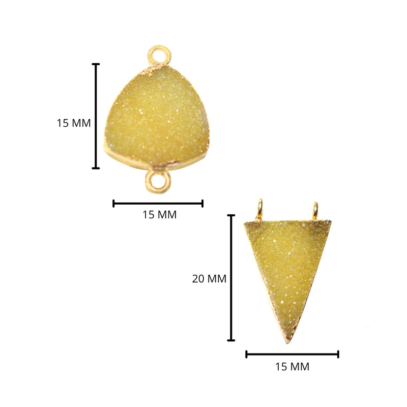 Yellow druzy natural bezel charms connectors, 15mm triangle-shaped24k gold electroplated women jewelry-making earrings, bracelets, necklaces, and DIY crafts.