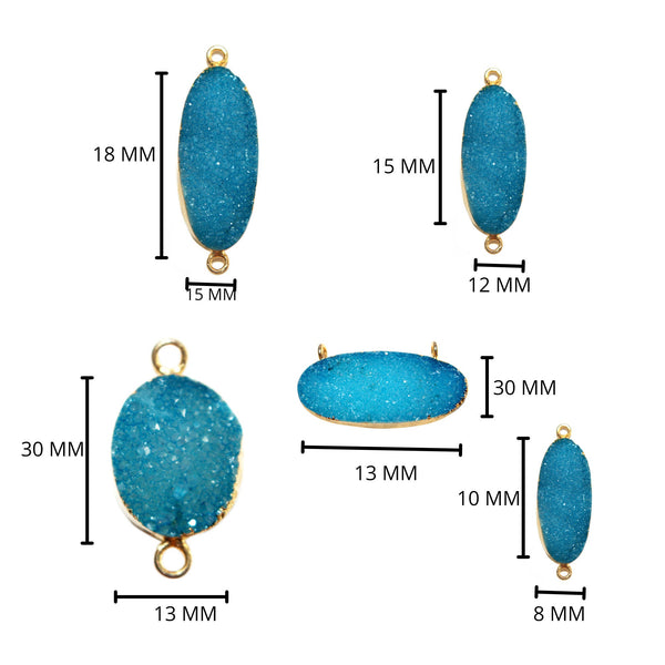 Blue druzy natural bezel charms connectors, 12X15mm oval-shaped 24k gold electroplated women jewelry-making earrings, bracelets, necklaces, and DIY crafts.