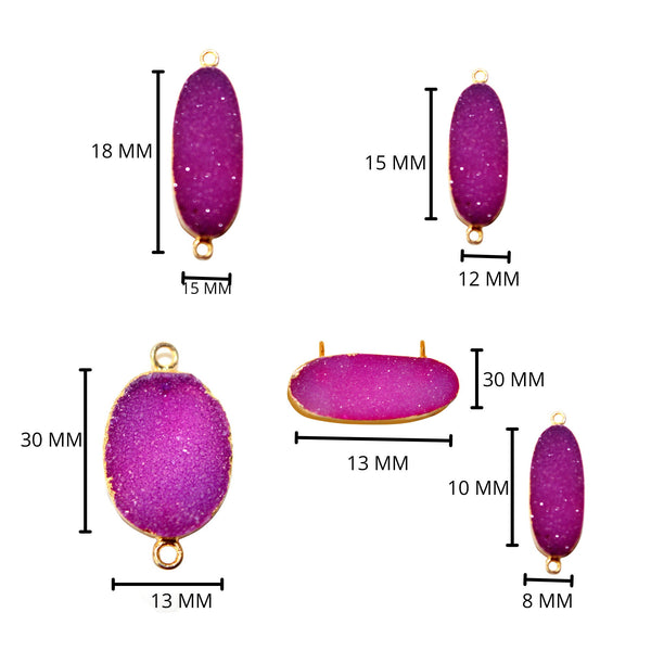 Purple druzy natural bezel charms connectors, 12X15mm oval-shaped 24k gold electroplated women jewelry-making earrings, bracelets, necklaces, and DIY crafts.