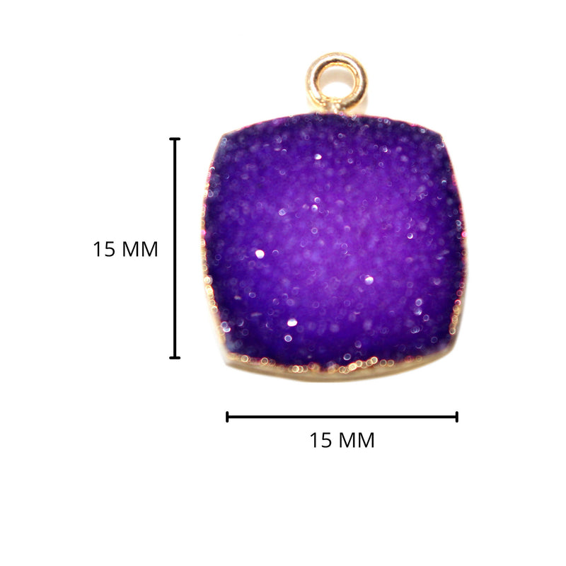 Purple druzy natural bezel charms pendants, 15mm square-shaped24k gold electroplated women jewelry-making earrings, bracelets, necklaces, and DIY crafts.