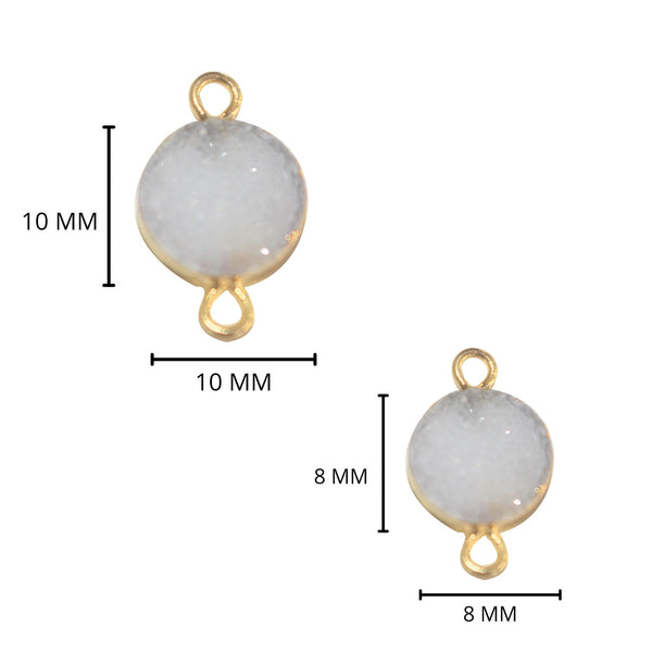 White druzy natural bezel charms connectors, 10mm coin-round-shaped 24k gold electroplated women jewelry-making earrings, bracelets, necklaces, and DIY crafts.