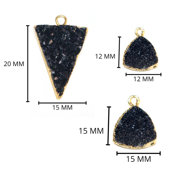 Black druzy natural bezel charms pendants, 12mm triangle-shaped 24k gold electroplated women jewelry-making earrings, bracelets, necklaces, and DIY crafts.