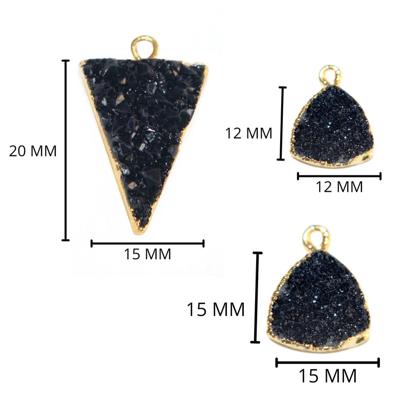 Black druzy natural bezel charms pendants, 12mm triangle-shaped 24k gold electroplated women jewelry-making earrings, bracelets, necklaces, and DIY crafts.