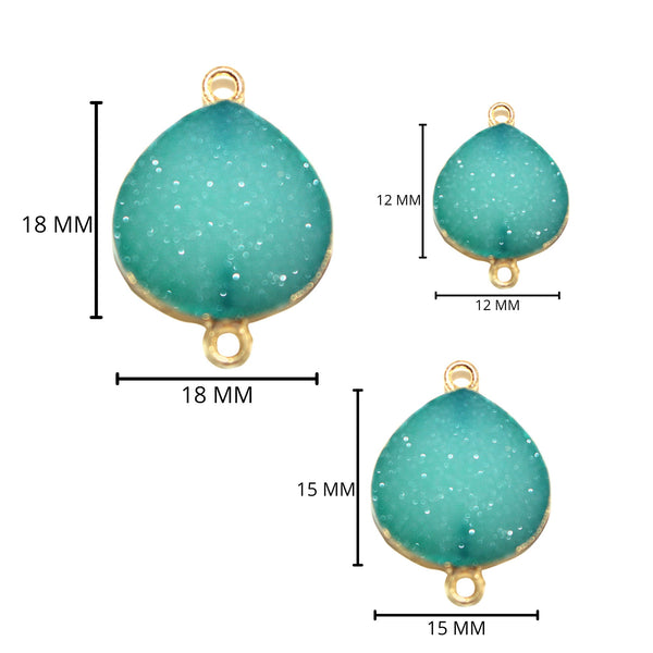 Green druzy natural bezel charms connectors, 12mm heart-shaped 24k gold electroplated women jewelry-making earrings, bracelets, necklaces, and DIY crafts.
