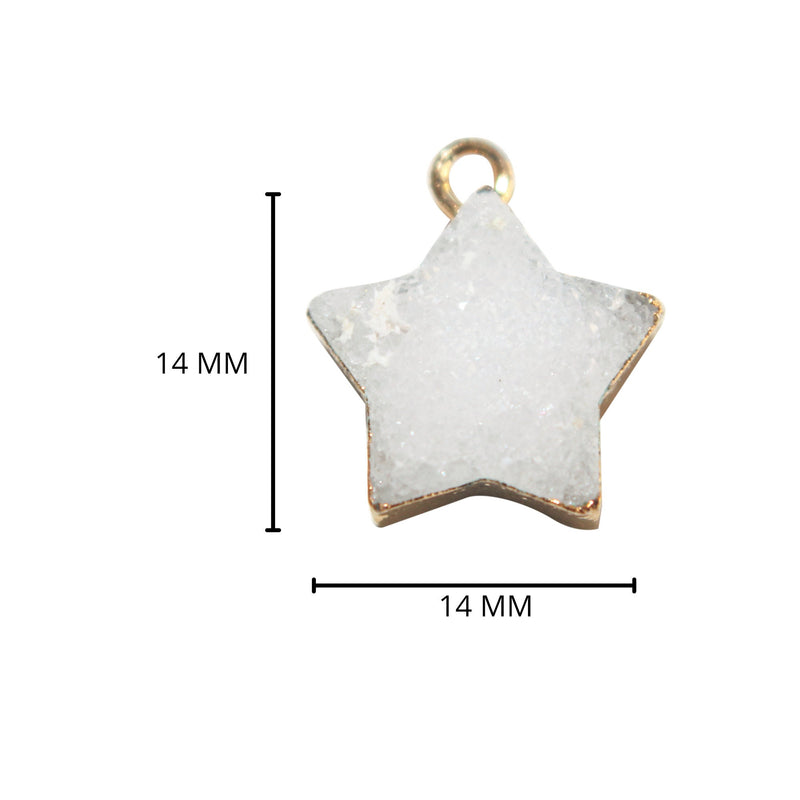 White druzy natural bezel charms connectors, 14mm star-shaped 24k gold electroplated women jewelry-making earrings, bracelets, necklaces, and DIY crafts.