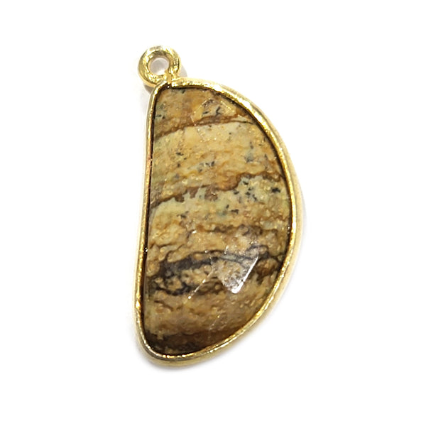 Picture Jasper Stone Necklace for Jewelry Making 9X18mm Moon/Crescent Bezel Charms Connectors 24K Gold Plated Over 925 Sterling Silver