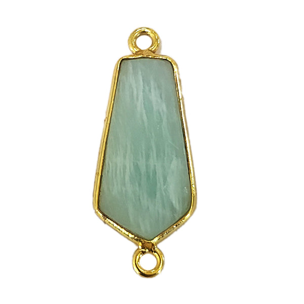 Amazonite natural gemstone bezel charms, 15X20mm tie-spear-arrowhead-shaped bezel connectors, women jewelry-making earrings, bracelets, necklace pendants, and DIY craft supplies. 24k gold plated over 925 sterling silver bezel charms connectors.