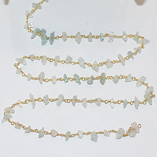 aquamarine chips semi-precious gemstone beads 24k gold plated over silver rosary chain for a necklace, earrings, anklet, and bracelet making.