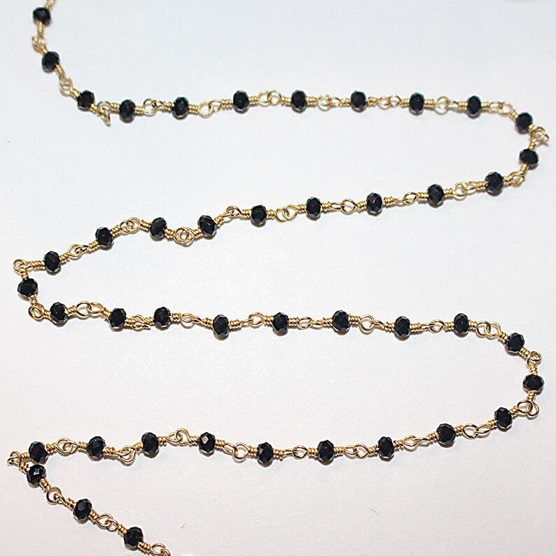 black spinel natural semi-precious gemstone beads 24k gold plated over silver rosary chain for a necklace, earrings, anklet, and bracelet making.