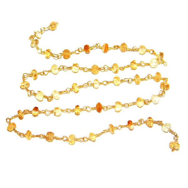 citrine natural semi-precious gemstone beads 24k gold plated over silver rosary chain for a necklace, earrings, anklet, and bracelet making.