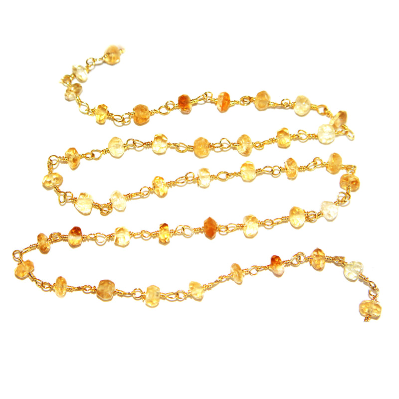 citrine natural semi-precious gemstone beads 24k gold plated over silver rosary chain for a necklace, earrings, anklet, and bracelet making.