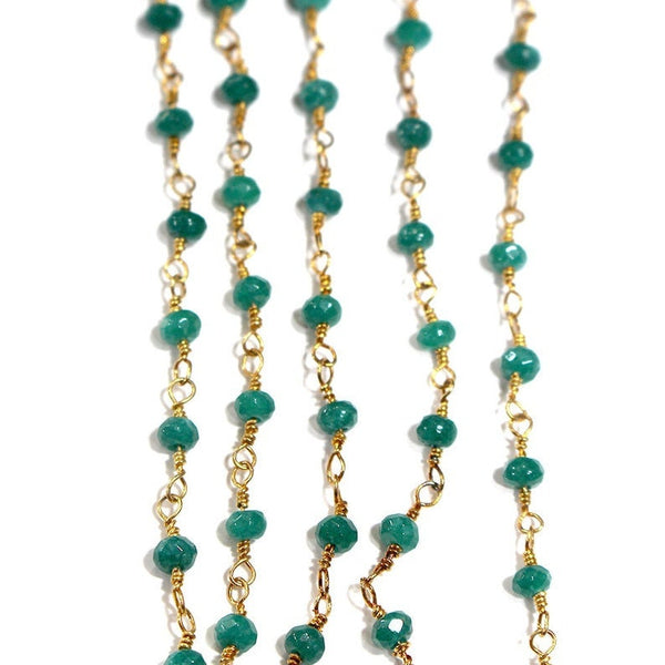 emerald jade natural semi-precious gemstone beads 24k gold plated over silver rosary chain for a necklace, earrings, anklet, and bracelet making.