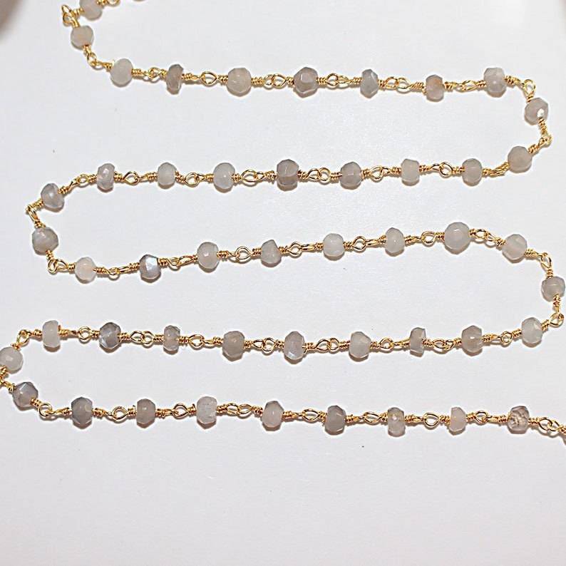 gray moonstone natural semi-precious gemstone beads 24k gold plated over silver rosary chain for a necklace, earrings, anklet, and bracelet making.