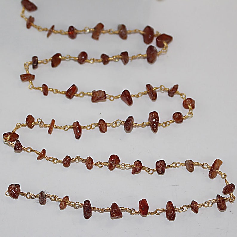 hessonite garnet chips semi-precious gemstone beads 24k gold plated over silver rosary chain for a necklace, earrings, anklet, and bracelet making.