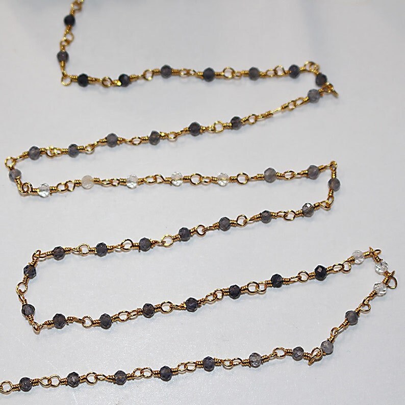 iolite shaded natural semi-precious gemstone beads 24k gold plated over silver rosary chain for a necklace, earrings, anklet, and bracelet making.