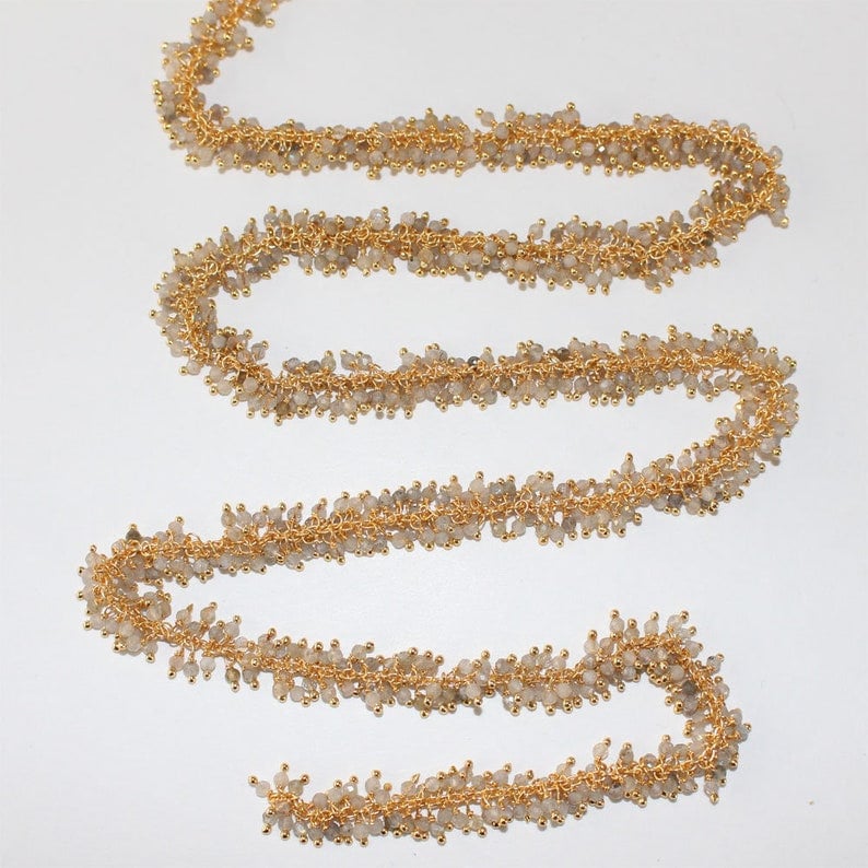 labradorite semi-precious gemstone beads 24k gold plated over silver rosary chain for a necklace, earrings, anklet, and bracelet making.