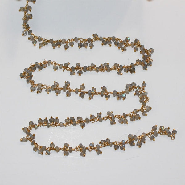 labradorite natural semi-precious gemstone beads 24k gold plated over silver rosary chain for a necklace, earrings, anklet, and bracelet making.