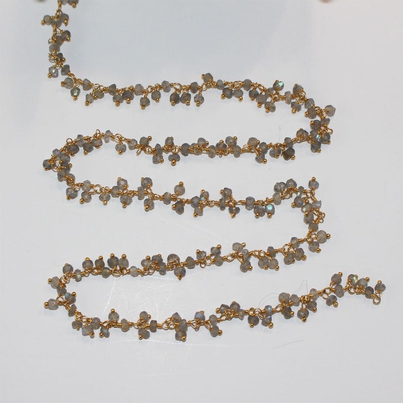 labradorite natural semi-precious gemstone beads 24k gold plated over silver rosary chain for a necklace, earrings, anklet, and bracelet making.
