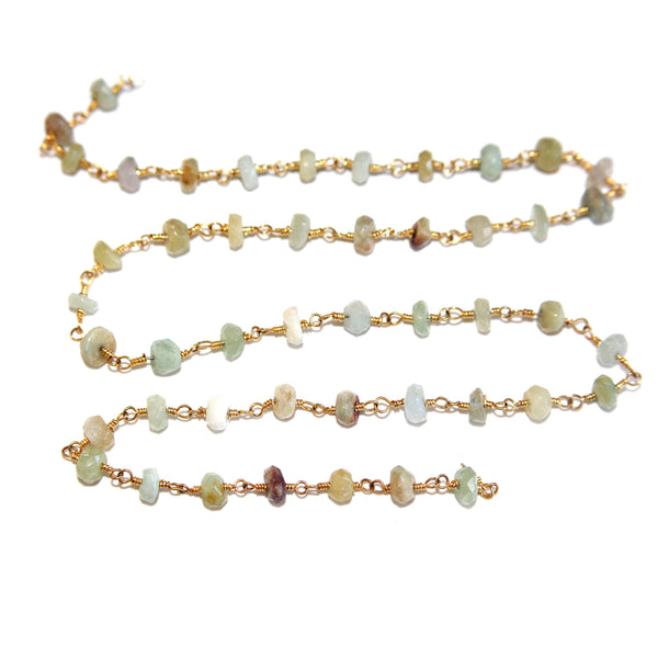 Aquamarine beaded chain, gold plated, faceted beads, jewelry making supplies